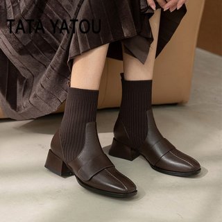 TATA LORY女鞋新款秋冬季针织瘦瘦靴百搭弹力袜靴真皮粗跟短靴女
