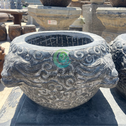 石雕鱼缸青石仿古庭院花盆荷花缸圆形水缸天然祥云兽头招财摆件