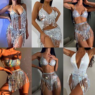 新款 分体泳衣女闪光布镭射性感亮片流苏比基尼bikini演出服套装