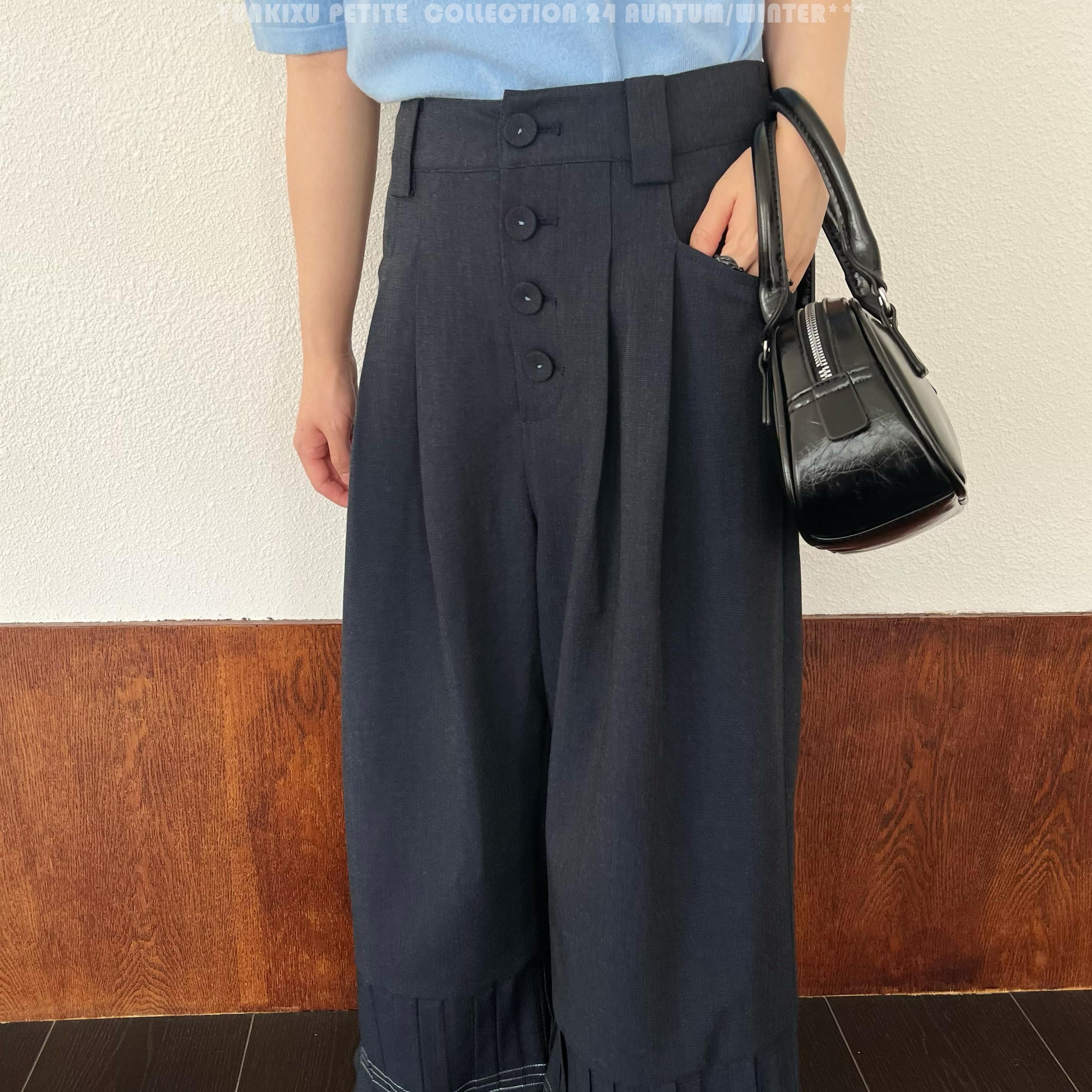 原创设计中腰压褶阔腿直筒裤