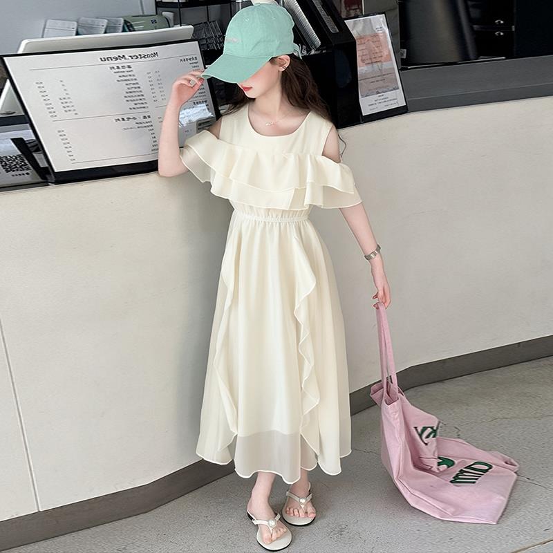 女童超好看连衣裙2025新款夏初中生女孩绝美露肩裙子女大童仙女裙