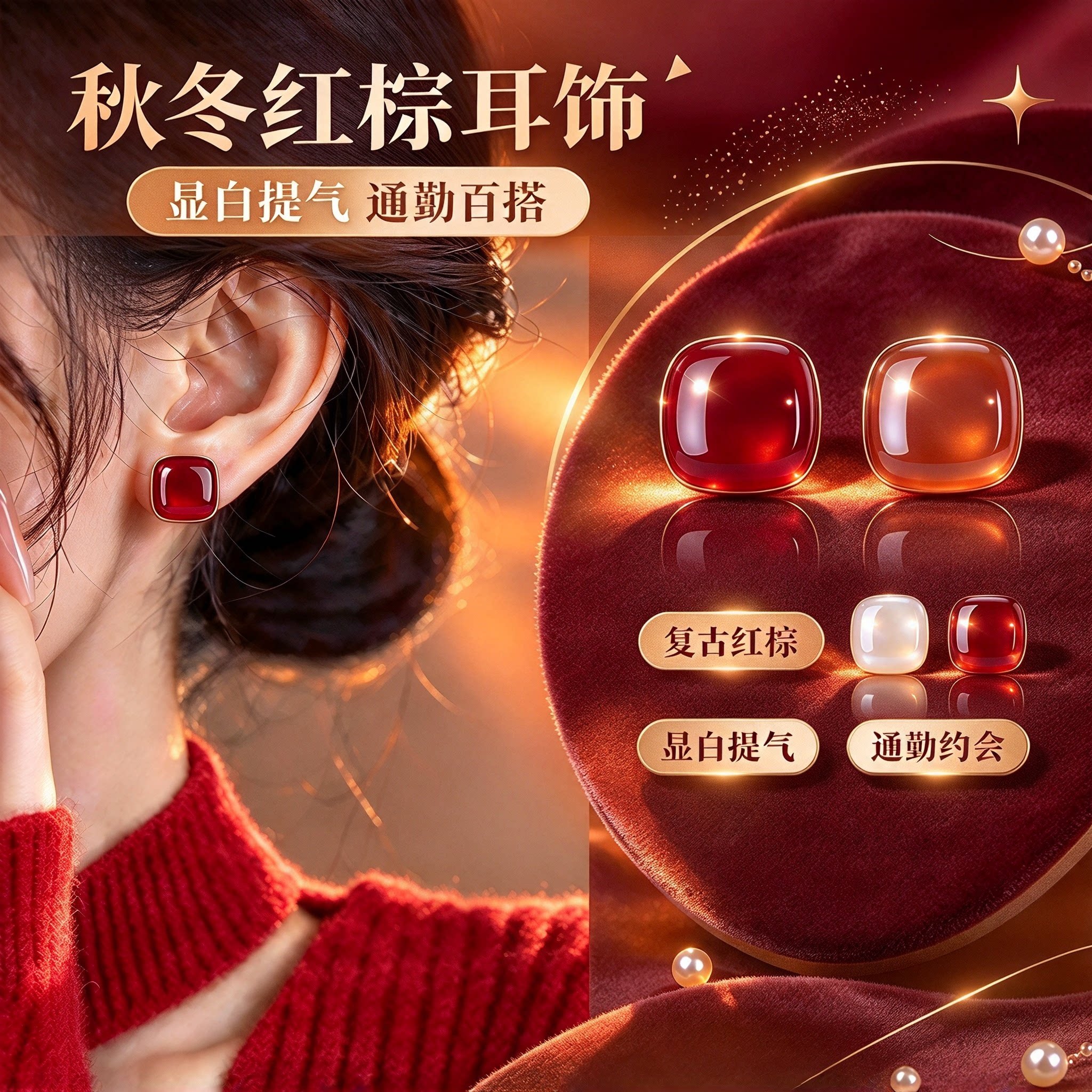 复古方糖珍珠耳钉轻奢百搭秋冬