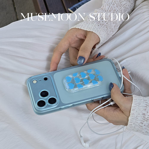 MUSEMOON｜海蓝桃心 韩系ins风夏日少女感桃心透明推拉支架冰透蓝硅胶手机壳适用苹果17华为mate80P90/小米17
