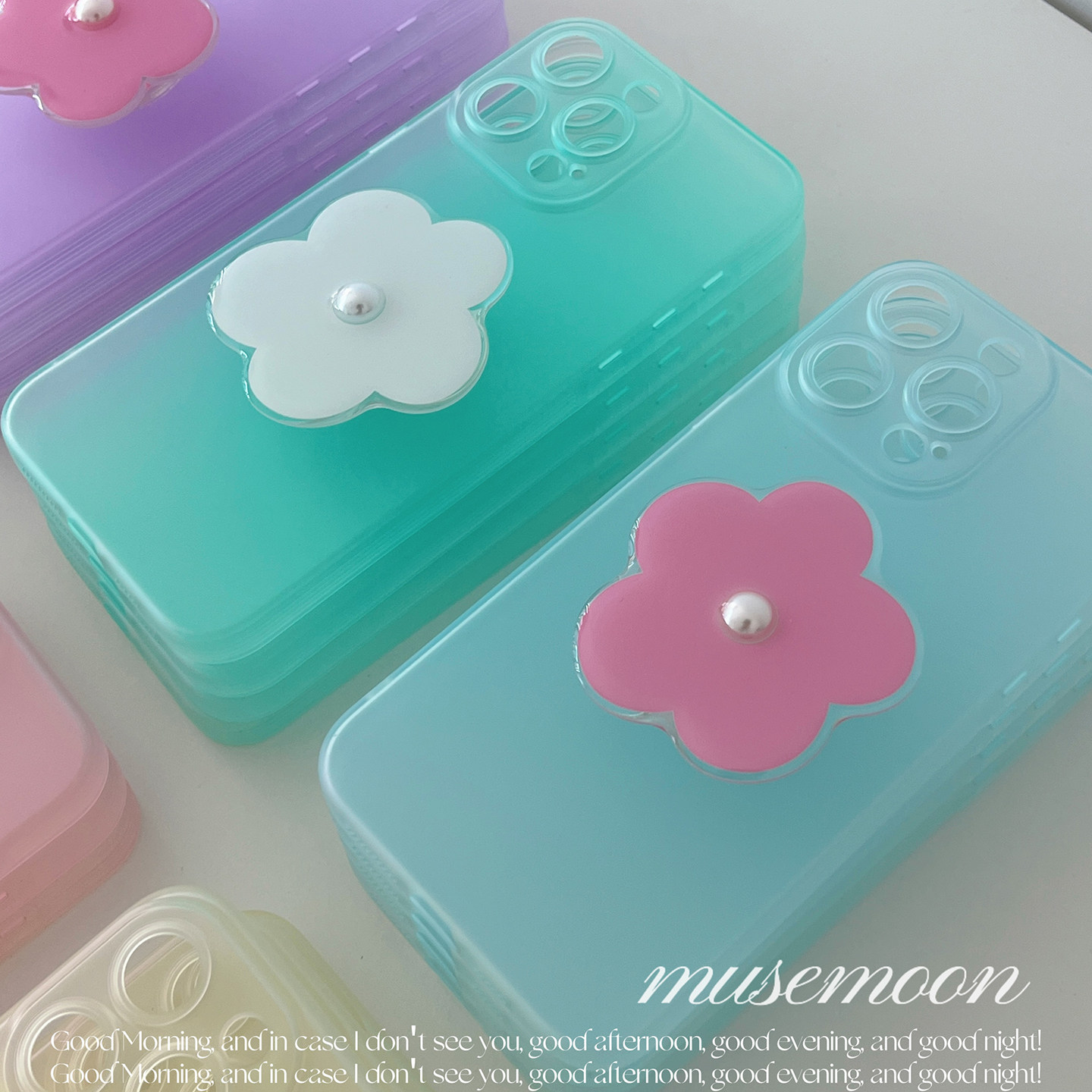 MUSEMOON自制｜海岛之花 清透ins磨砂透明彩色珍珠小花支架手机壳适用mate70pro小米17/reno14iphone16少女心