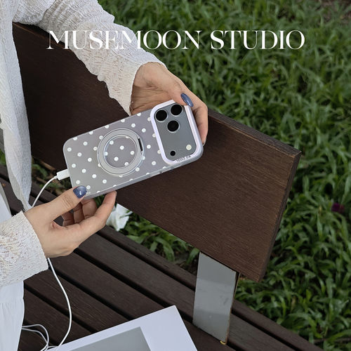 MUSEMOON｜冷银环岛 高级感ins银色旋转贝贝支架白波点彩银硬壳手机壳适用苹果18华为mate80pura90Pro荣耀600