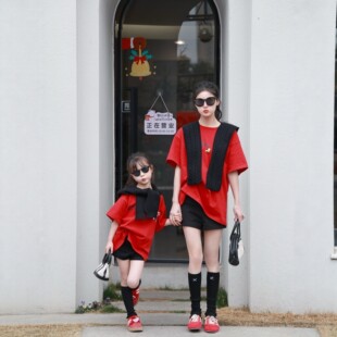 2026亲子装网红母女红色T恤可爱潮T恤女童宽松版T恤衫280g精棉T