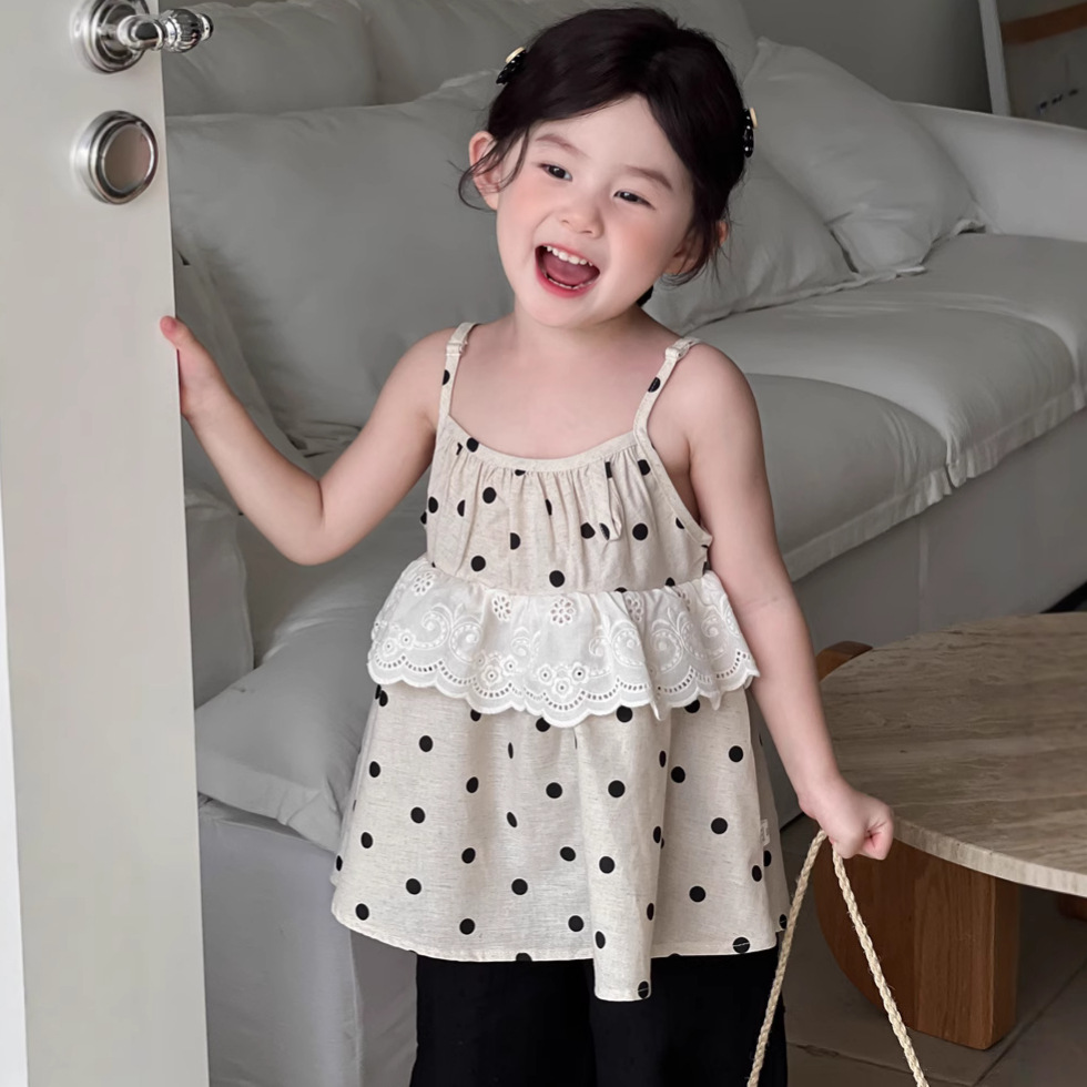 2025新款儿童洋气花边背心裙宝宝夏季女童韩版亚麻波点吊带衫衬衫