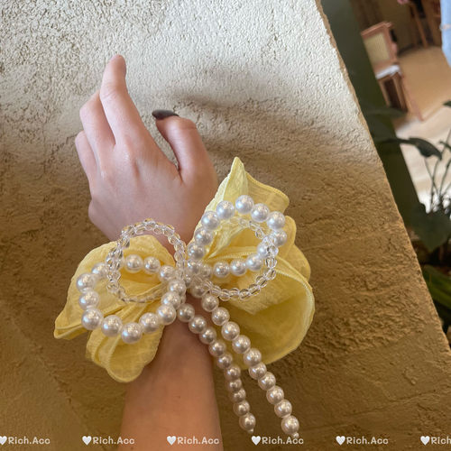 【实拍】绝美黄色重工仿珍珠蝴蝶结木耳边大肠发圈甜美少女发绳新
