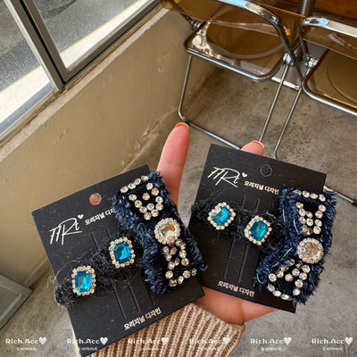 【实拍】重工轻奢闪钻蓝色蝴蝶结发夹小香风气质个性高级感发饰新