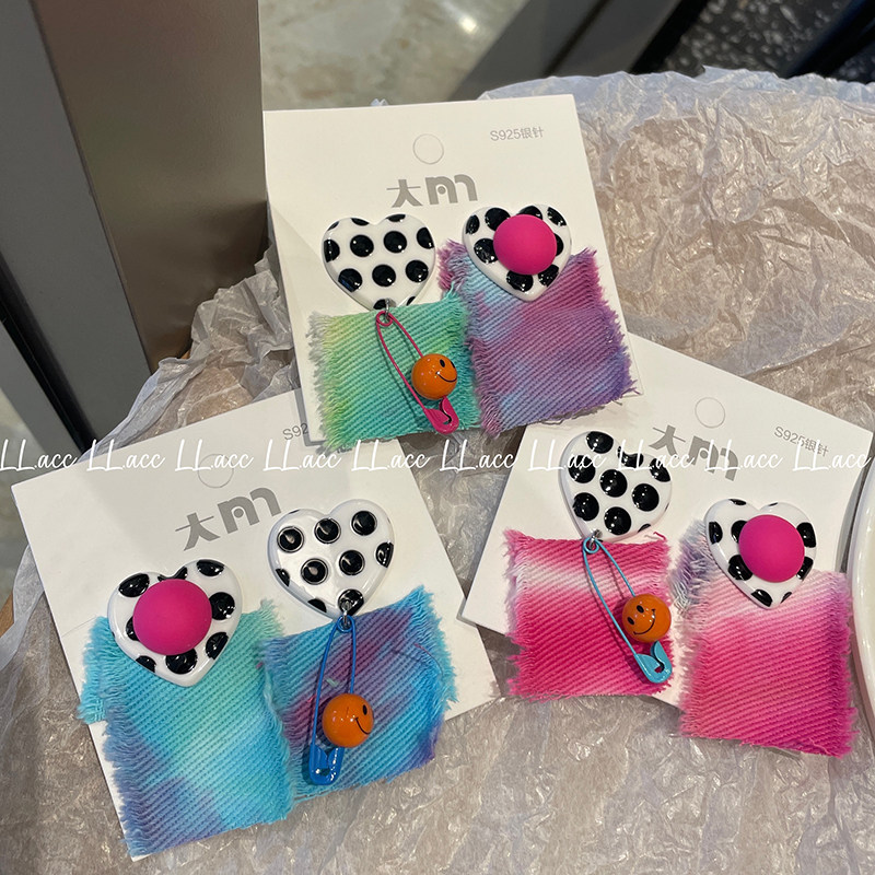 个性创意扎染彩色布条笑脸别针耳环夏季新款少女百搭趣味潮酷耳饰