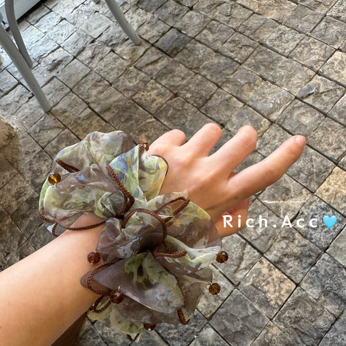 【实拍】森系棕榈仿水晶吊坠大肠发圈韩系复古高级晕染扎马尾发绳