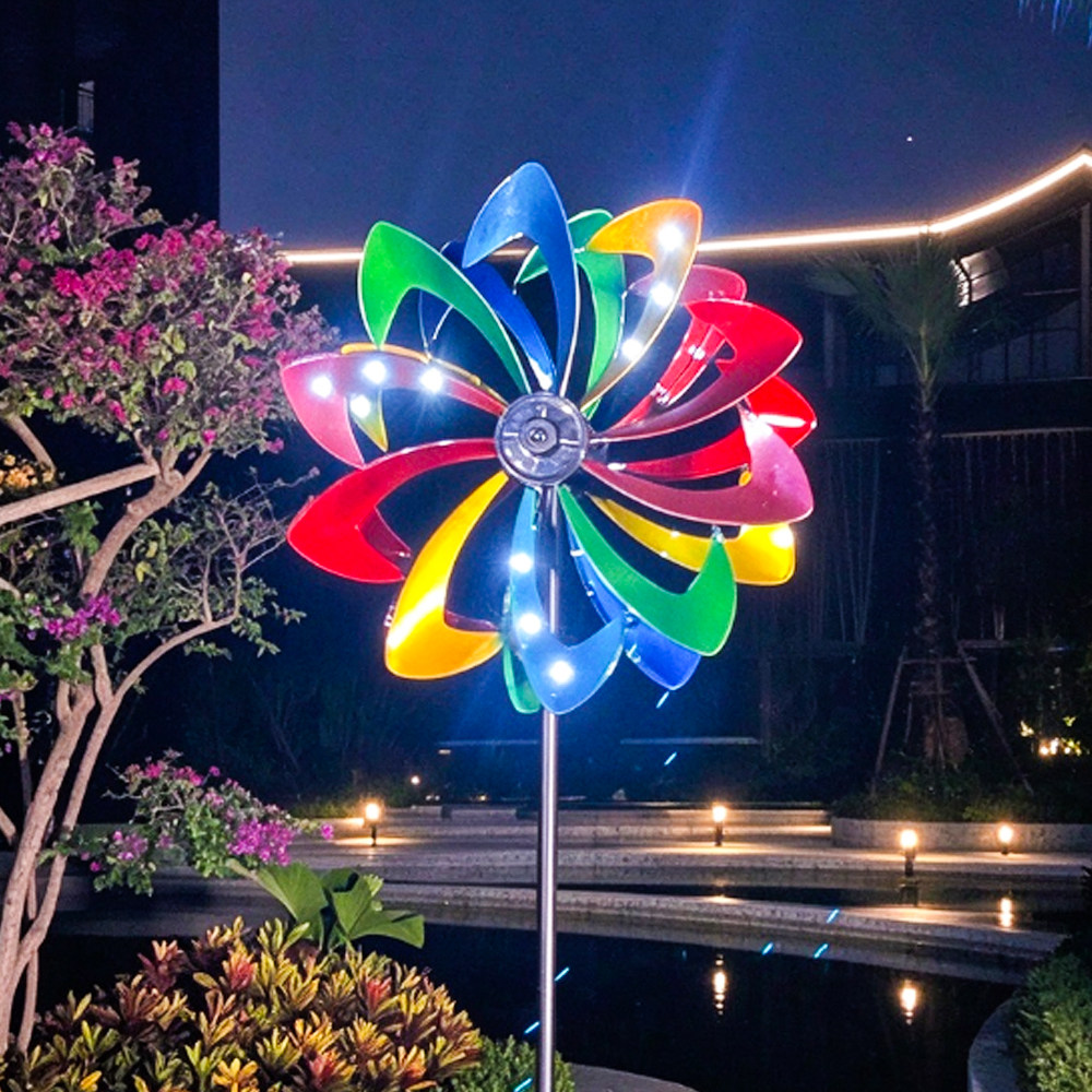 铁艺风车七彩旋转太阳能亮灯户外花园小院别墅装饰摆件氛围造景
