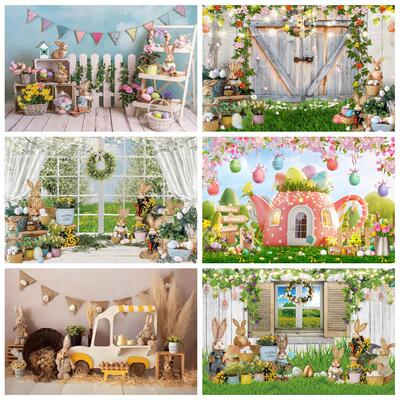 Laeacco Spring Easter Backdrop Eggs Green Grass Flower Baby