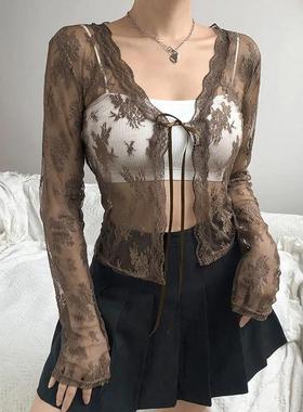 Women Sexy See Through Cardigans Y2K Long Sleeve Lace Mesh L