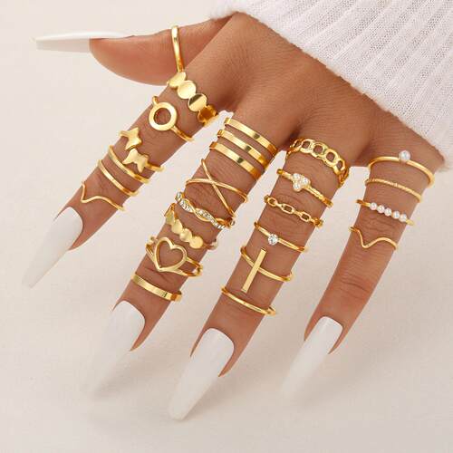Open 22 piece set of hollow heart geometric rings个性戒指