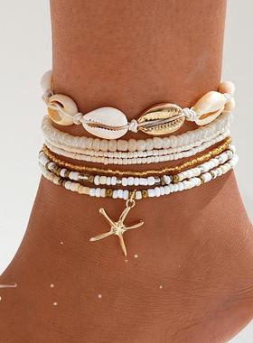 Women's shell anklets跨境时尚沙滩度假风米珠贝壳海星多层