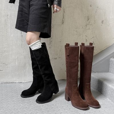 意大利Corso Venezia~真皮磨砂皮长筒靴粗跟骑士靴显瘦堆堆靴女靴