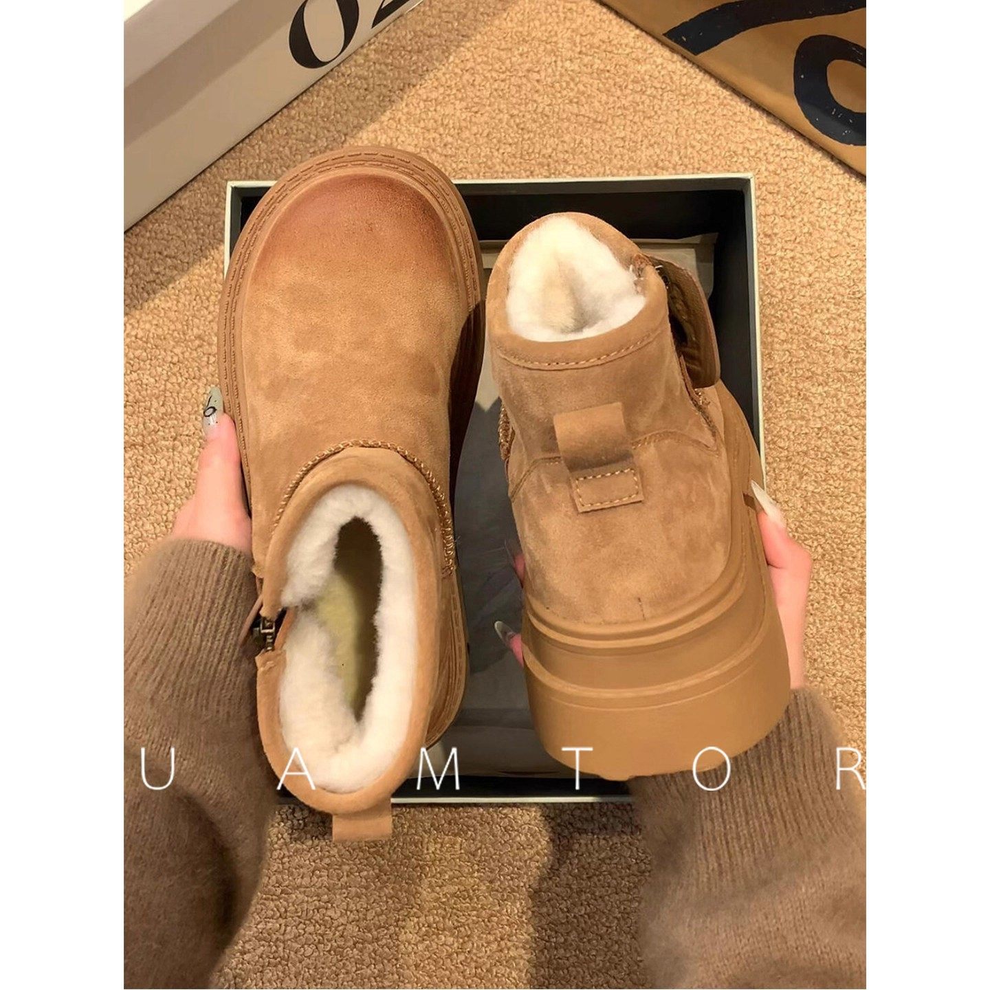 法国Uamtor皮毛一体雪地靴女2025冬季复古加绒防滑一脚蹬毛毛棉鞋,女鞋,时尚雪地靴,淘宝优惠券,粉丝福利购,淘宝优惠卷