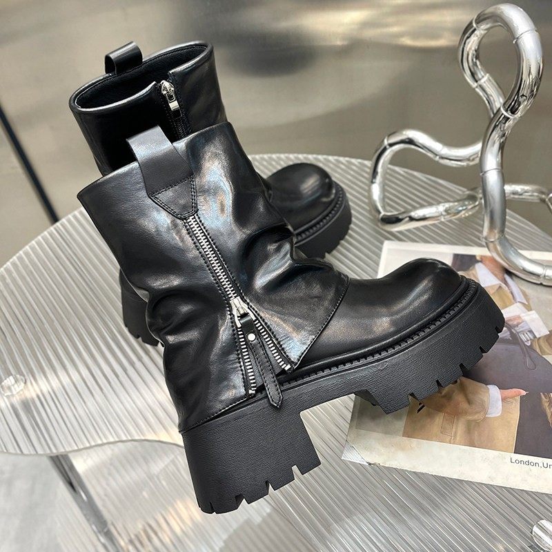 厚底中筒靴女2024秋冬新款真皮拉炼套筒马丁靴覆古裤管时装堆堆靴,女鞋,时装靴,淘宝优惠券,粉丝福利购,淘宝优惠卷