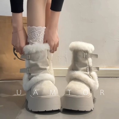 法国Uamtor厚底加绒加厚白色雪地靴女2025冬季防水防滑东北大棉鞋