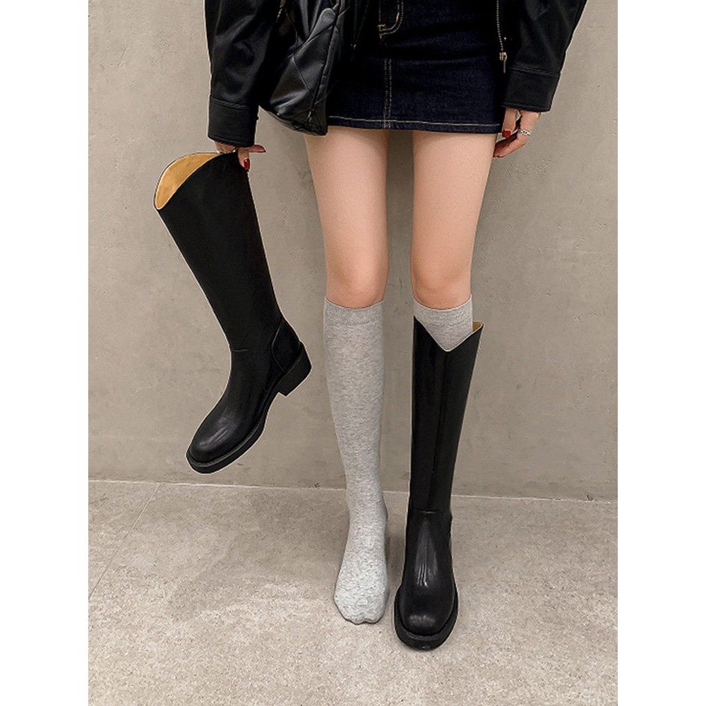 ins暴走不累！巨显瘦~真皮V口靴子女长筒靴中跟软底不过膝骑士靴,女鞋,骑士靴,淘宝优惠券,粉丝福利购,淘宝优惠卷