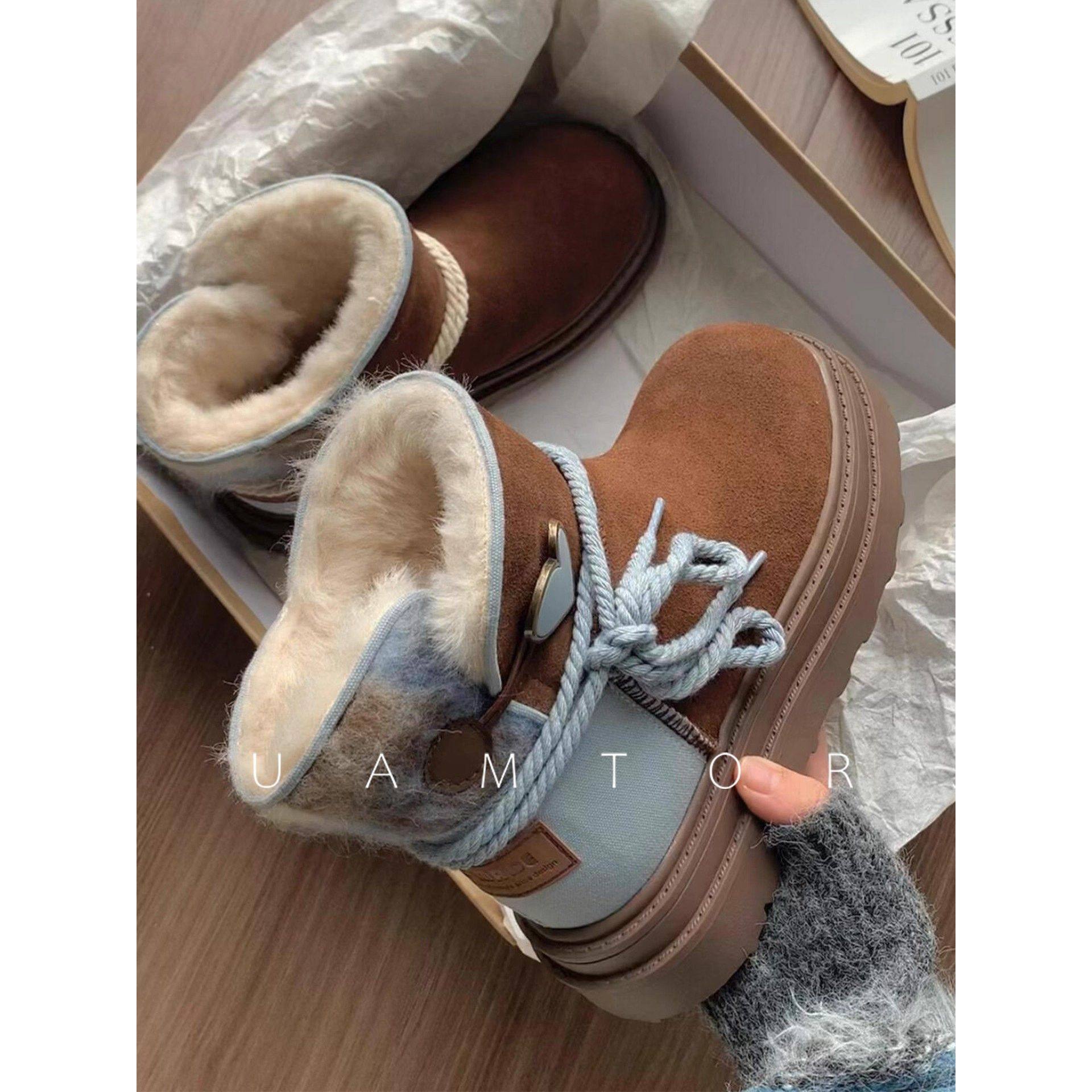 法国Uamtor手工麻绳厚底雪地靴女2025冬季覆古拼色显瘦加绒棉靴子,女鞋,时尚雪地靴,淘宝优惠券,粉丝福利购,淘宝优惠卷