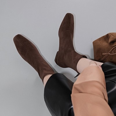 意大利Corso Venezia~法式方头弹力瘦瘦靴女绒面短靴棕色平底踝靴