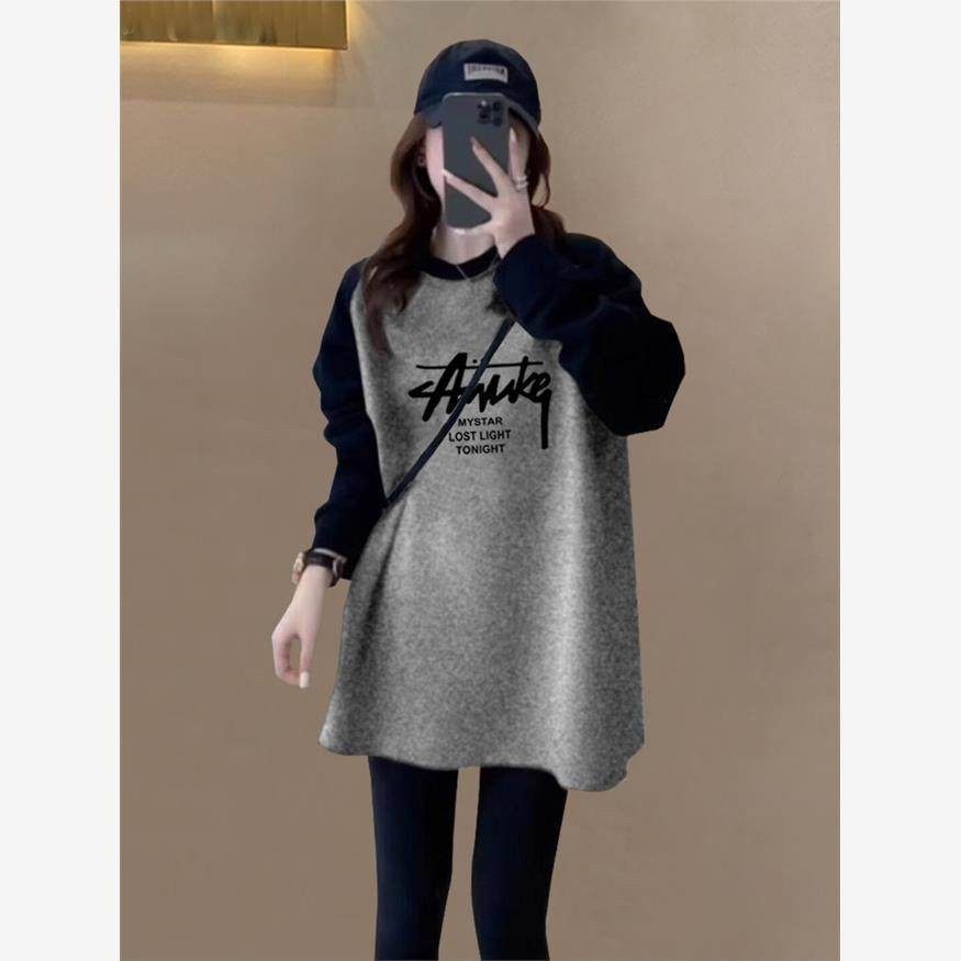 韩国搭配鲨鱼裤撞色磨毛长袖t恤女中长款上衣加厚打底衫春秋冬季,女装/女士精品,T恤,淘宝优惠券,粉丝福利购,淘宝优惠卷