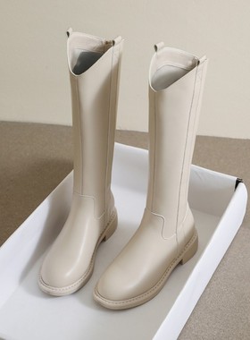 guidi fame米白色真皮长靴女秋冬新款不过膝骑士靴大码平底高筒靴