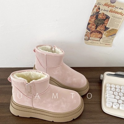 法国Uamtor粉色厚底雪地靴女2025冬季皮毛一体加绒保暖棉鞋短靴子