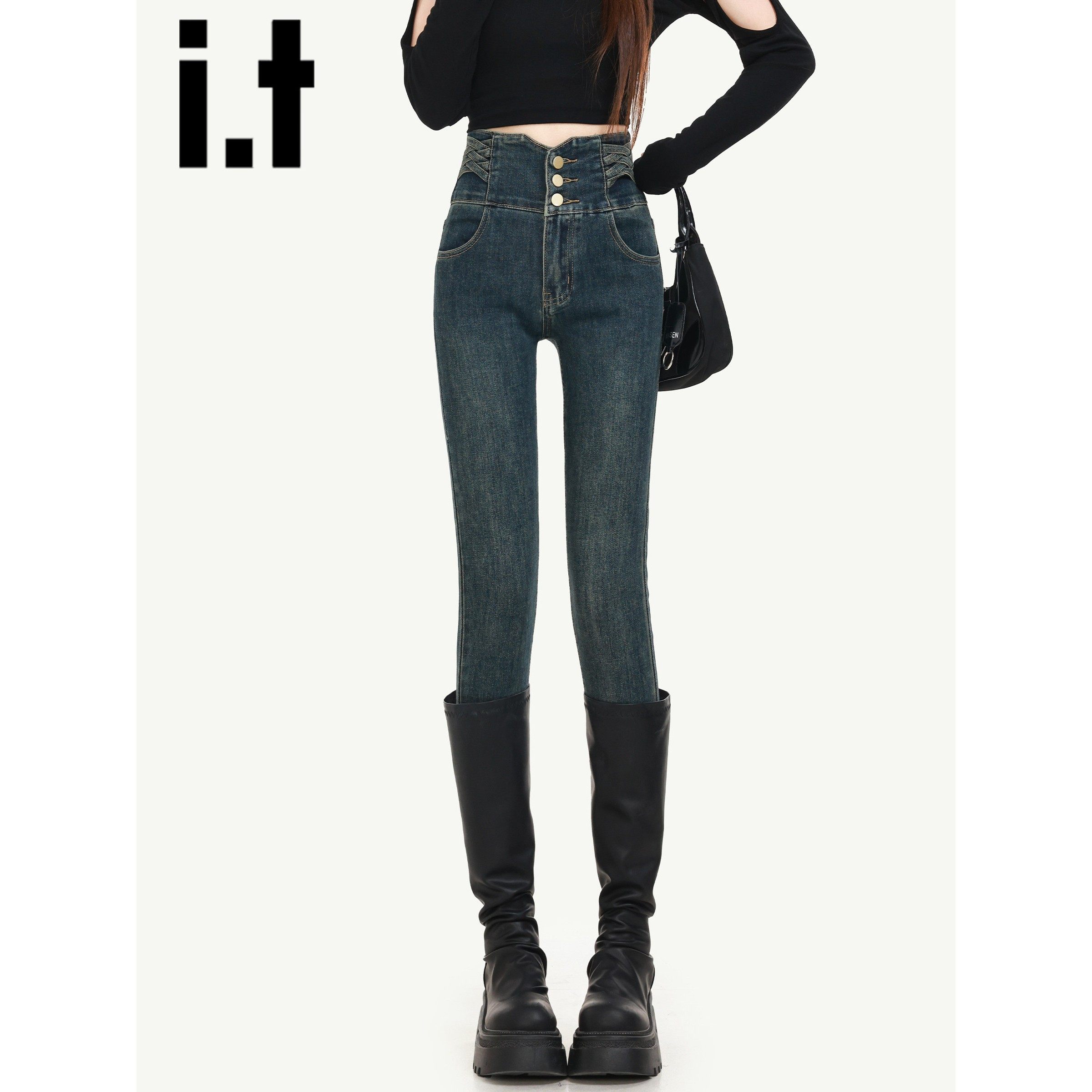 it:CHOCOOLATE加绒紧身小脚牛仔裤女2025新款冬高腰修身铅笔裤子