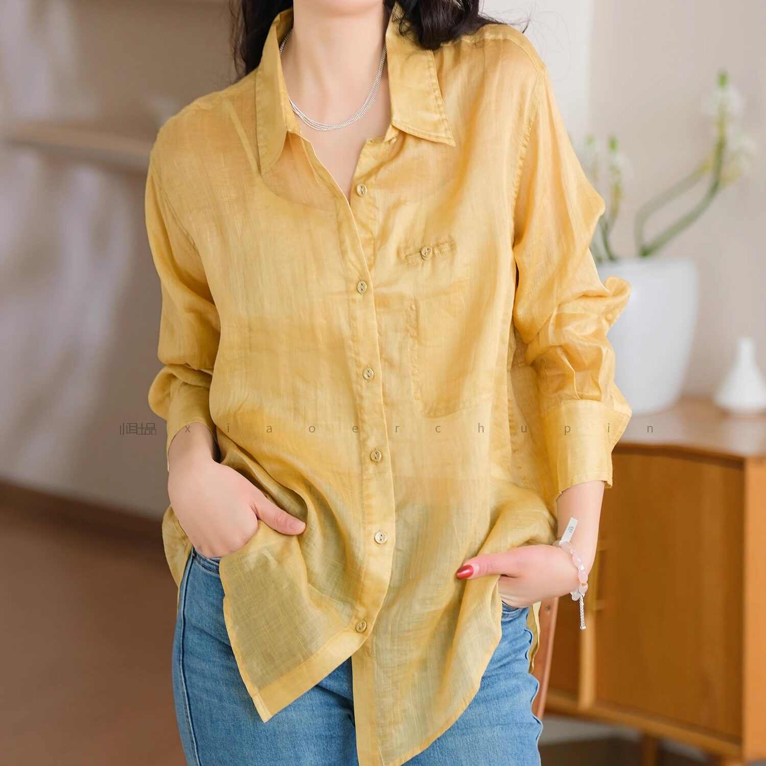 夏季新款100%苎麻舒适透气轻薄假口袋设计休闲百搭防晒衬衫上衣