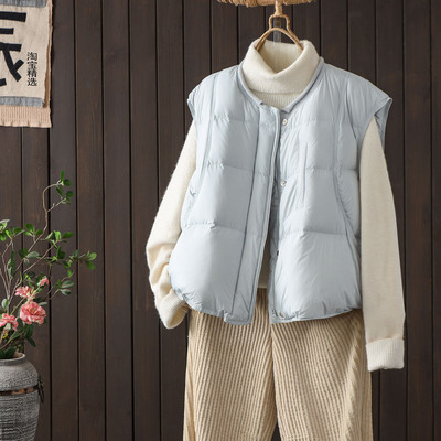 卷边圆领90白鸭绒羽绒马甲女宽松