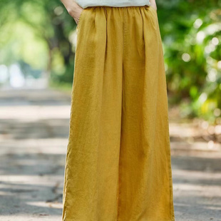 直筒纯色休闲裤 新款 大码 宽松小个子长裤 纯亚麻九分裤 阔腿裤 女夏季