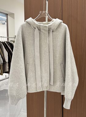 羊毛呢拼接连帽羽绒服冬季蝙蝠袖