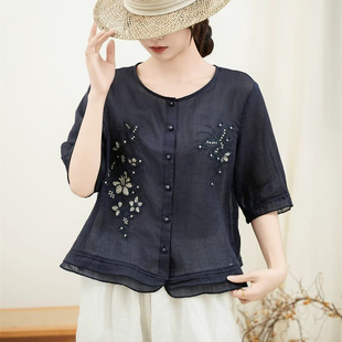 文艺刺绣高端苎麻衬衫女开衫夏季宽松显瘦五分袖轻薄小衫麻料上衣