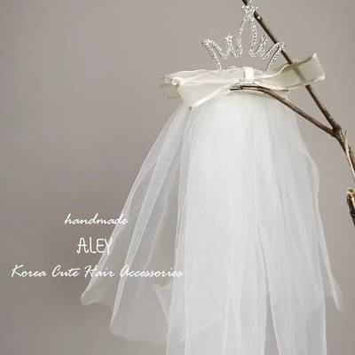 儿童皇冠头纱发夹生日皇冠头纱儿童压夹顶夹飘带披纱发夹花童头饰