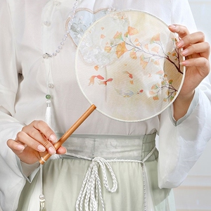 团扇古风扇子儿童夏半透长柄流苏舞蹈扇女古装汉服旗袍刺绣小圆扇