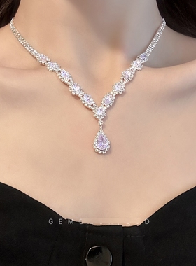 锁骨链女高级感爆闪轻奢钻石项链韩系生日晚礼服水滴形锁骨链配饰