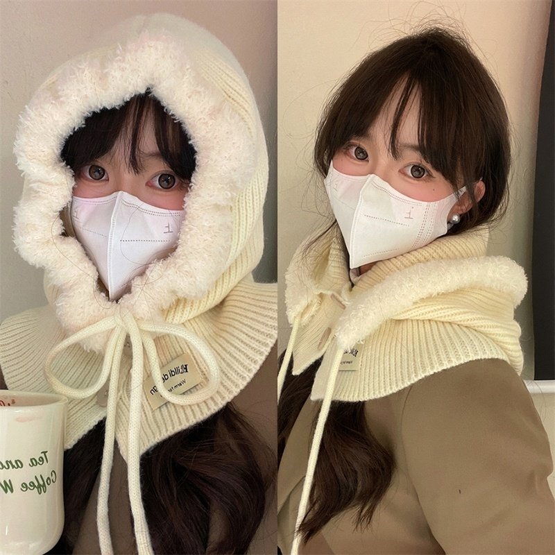 小雪人设计帽子冬天女款围巾一体巴拉克拉法帽针织抽绳保暖护耳