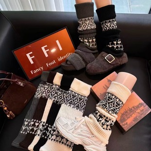 Lolita费尔岛秋冬针织袜套圣诞雪花堆堆袜中筒小腿袜保暖腿套y2k