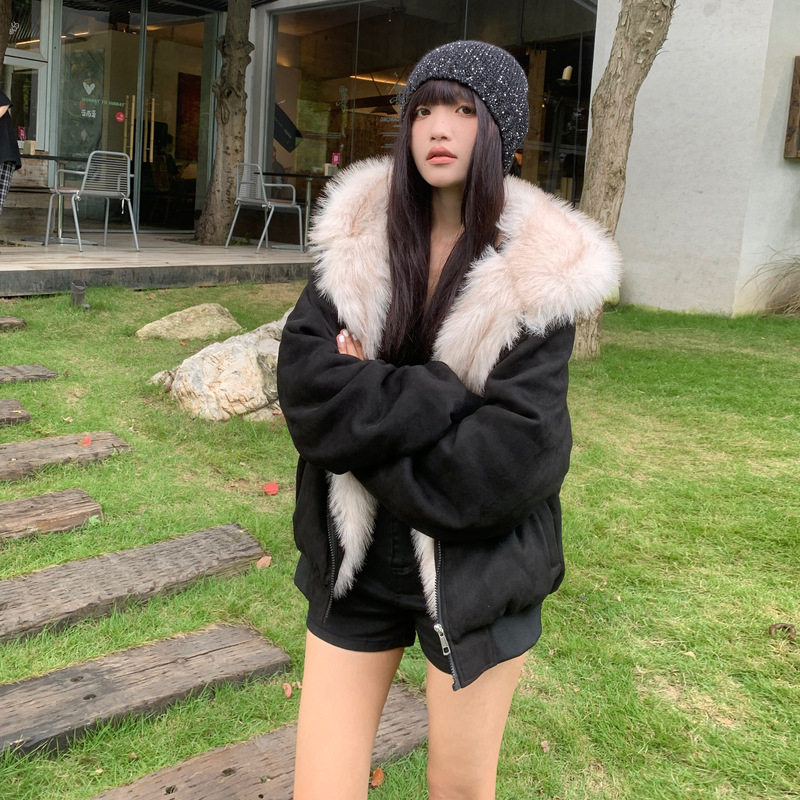黑色棉衣猫耳朵时尚毛领棉服男女款冬季小个子加厚情侣夹克外套