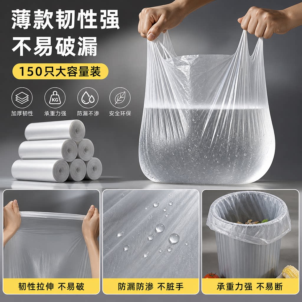 白色垃圾袋家用手提式背心加厚厨房一次性清洁袋平口商用客厅专用