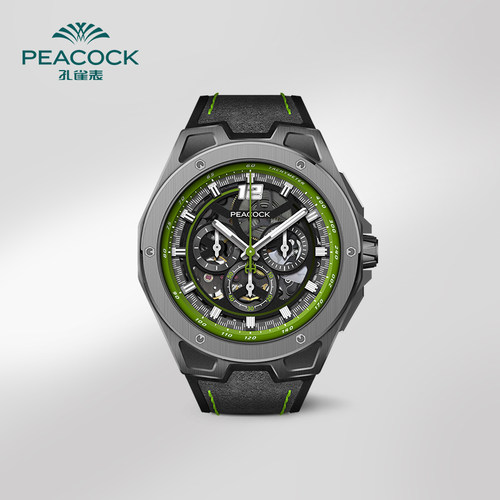 孔雀手表三眼计时码表机械男表