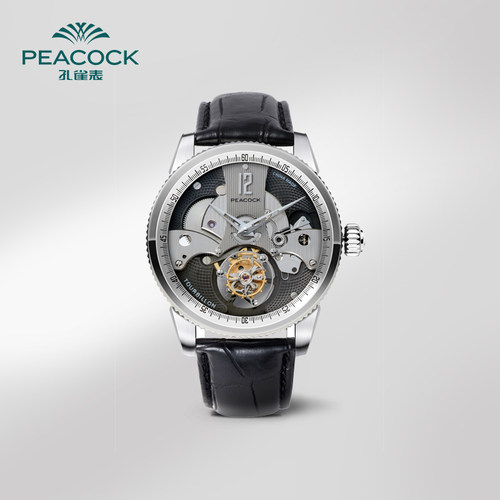 孔雀手表peacock商务镂空陀飞轮