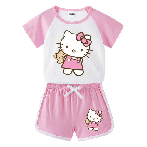 hellokitty儿童热裤短袖两件套装纯棉凯蒂猫宝宝T恤短裤运动童装