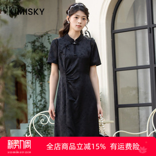 优美世界旗下芬岸女装 旗袍裙立领印花开叉连衣裙XK3D3702 新中式