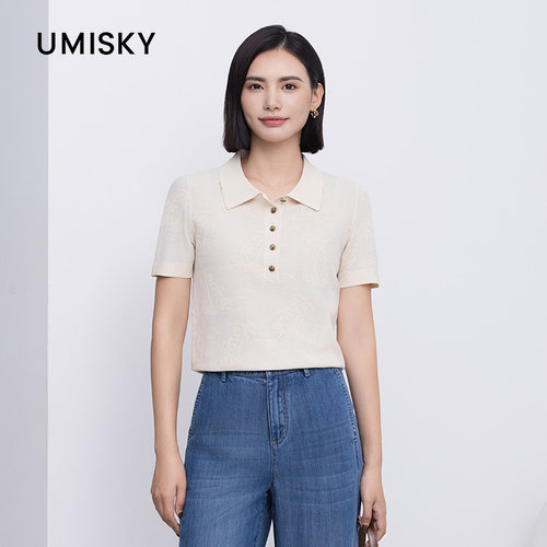 umisky优美世界专柜同款夏季POLO领时尚显瘦针织衫上衣SM2W3212