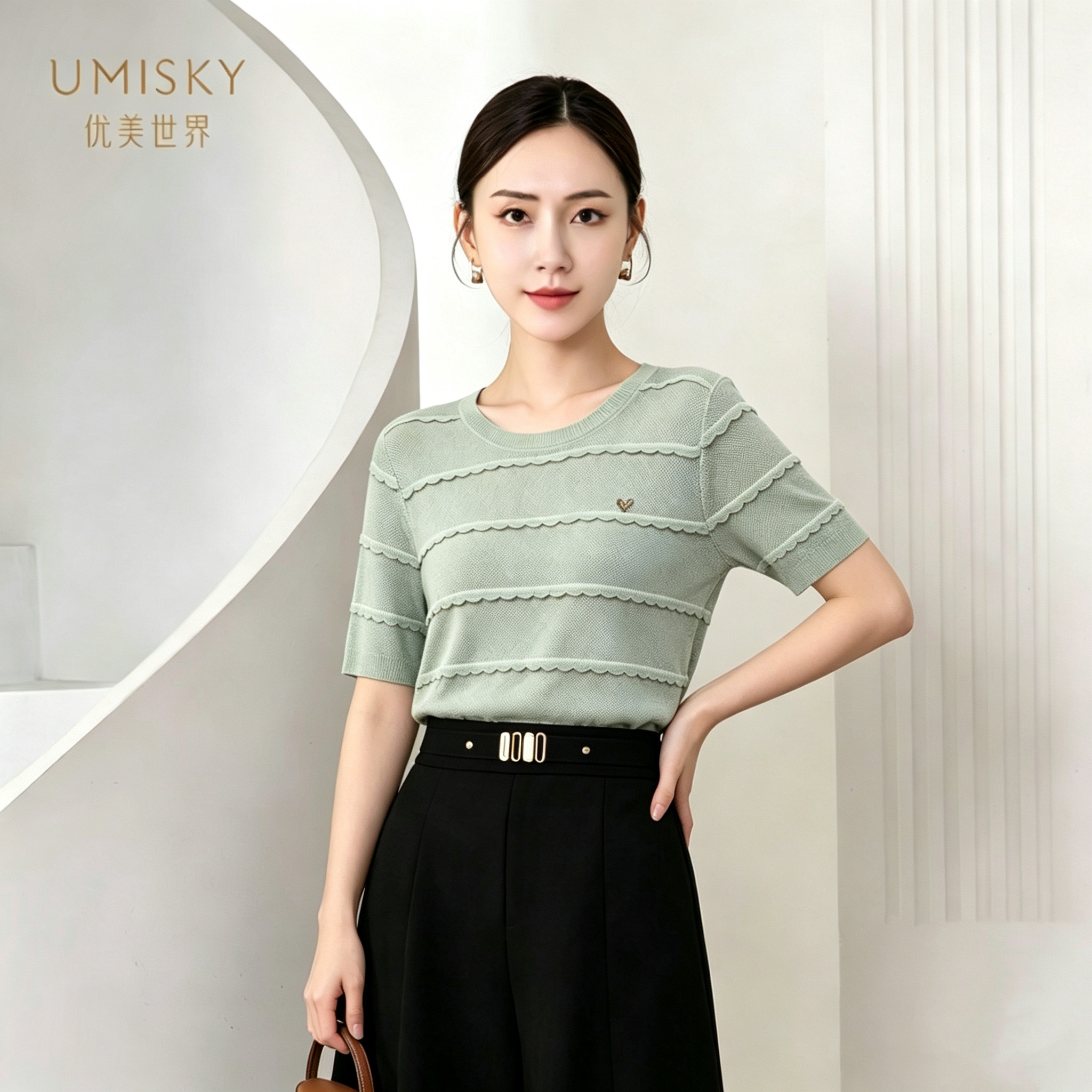 umisky优美世界专柜同款夏季圆领套头短袖针织衫上衣SM2W3243图片
