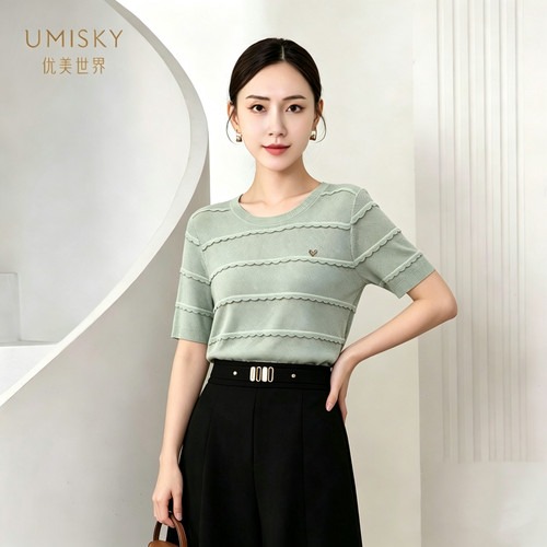 umisky优美世界专柜同款夏季圆领套头短袖针织衫上衣SM2W3243